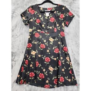 Vintage D.B.Y. LTD Dress Women 7 Juniors Black Floral Satin Tie Back Mini Grunge